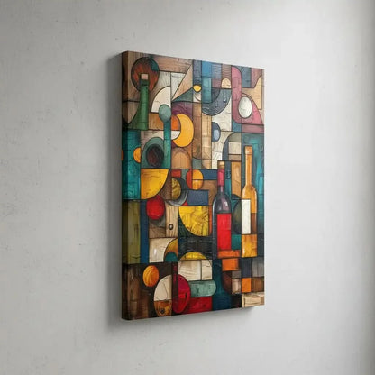 Une composition géométrique colorée avec une bouteille de bière, un verre de vin et des fruits, parfaite pour une cuisine ou un salon.