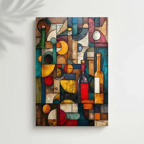 Une composition géométrique colorée avec une bouteille de bière, un verre de vin et des fruits, parfaite pour une cuisine ou un salon.