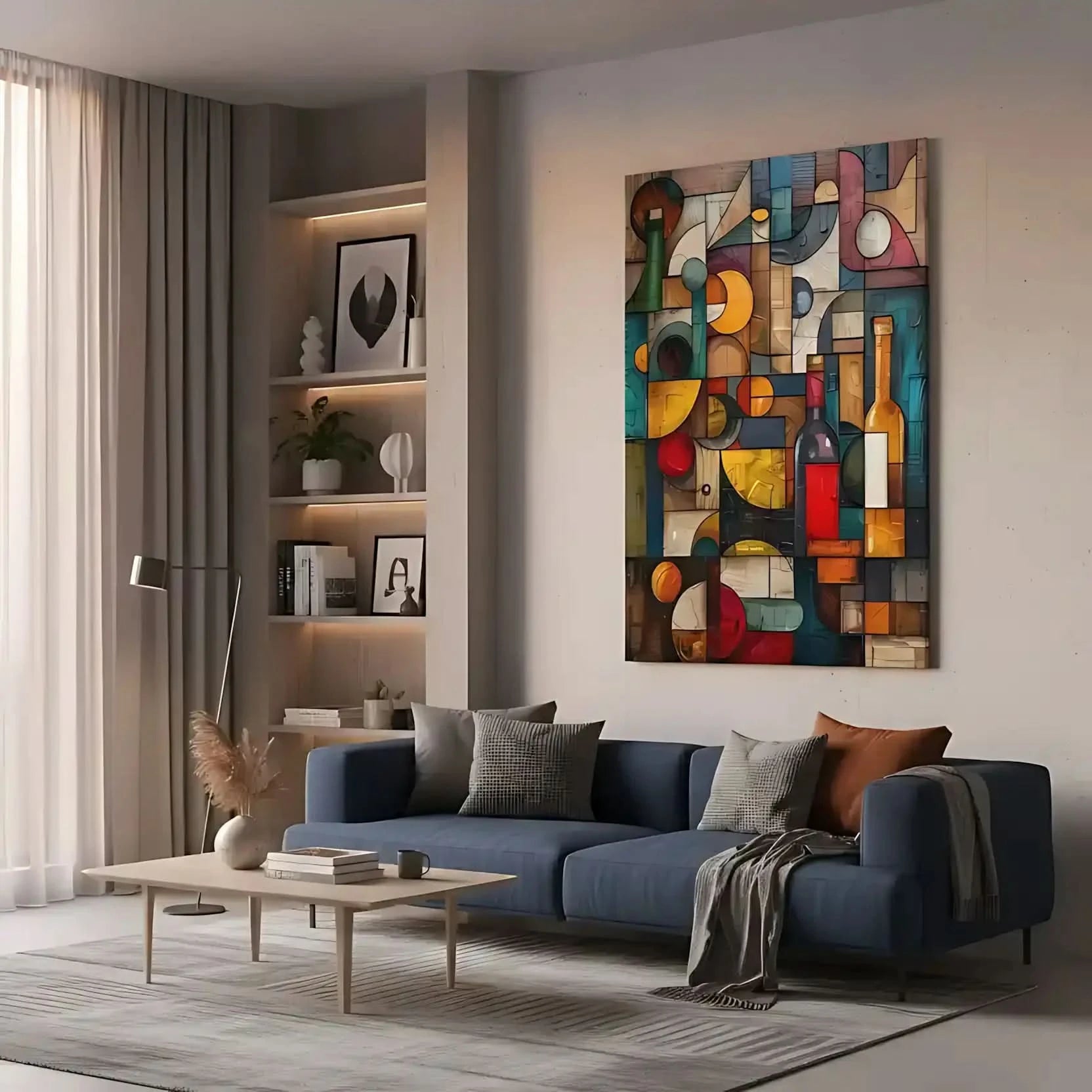 Une composition géométrique colorée avec une bouteille de bière, un verre de vin et des fruits, parfaite pour une cuisine ou un salon.