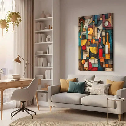 Une composition géométrique colorée avec une bouteille de bière, un verre de vin et des fruits, parfaite pour une cuisine ou un salon.