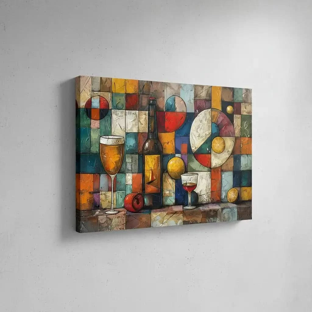 Illustration d’une composition géométrique avec des bouteilles de vin et des couleurs vibrantes, apportant une touche d’élégance.