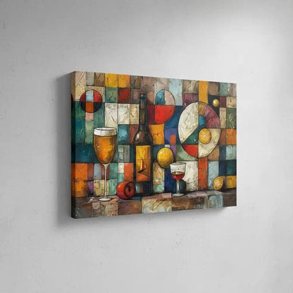 Illustration d’une composition géométrique avec des bouteilles de vin et des couleurs vibrantes, apportant une touche d’élégance.