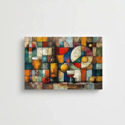 Illustration d’une composition géométrique avec des bouteilles de vin et des couleurs vibrantes, apportant une touche d’élégance.