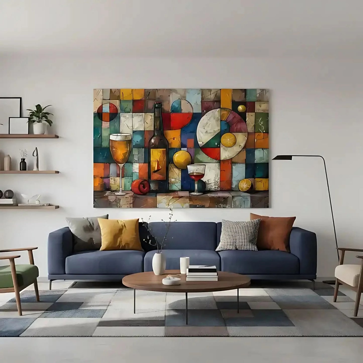 Illustration d’une composition géométrique avec des bouteilles de vin et des couleurs vibrantes, apportant une touche d’élégance.