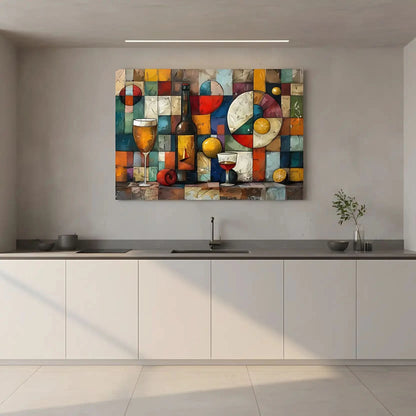 Illustration d’une composition géométrique avec des bouteilles de vin et des couleurs vibrantes, apportant une touche d’élégance.