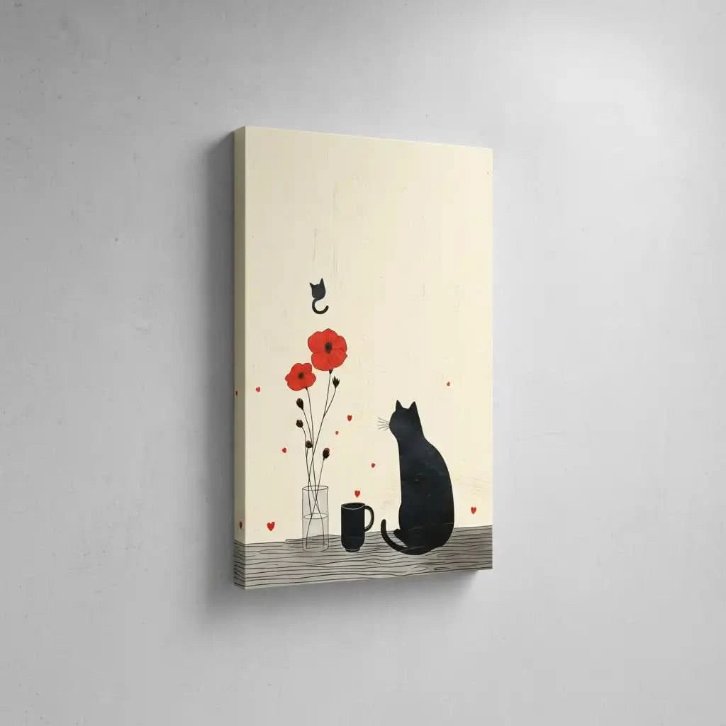 Illustration d'un chat noir observant des fleurs rouges et un autre chat volant,  idéale pour une chambre enfantine.