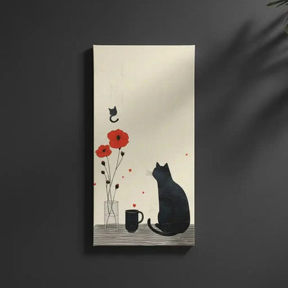 Illustration d'un chat noir observant des fleurs rouges et un autre chat volant,  idéale pour une chambre enfantine.