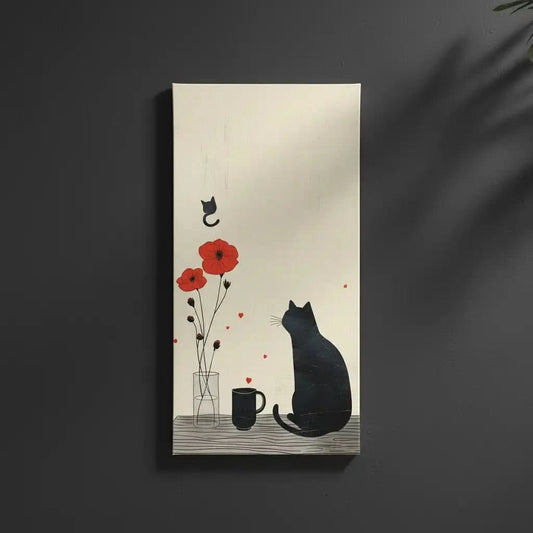 Illustration d'un chat noir observant des fleurs rouges et un autre chat volant,  idéale pour une chambre enfantine.