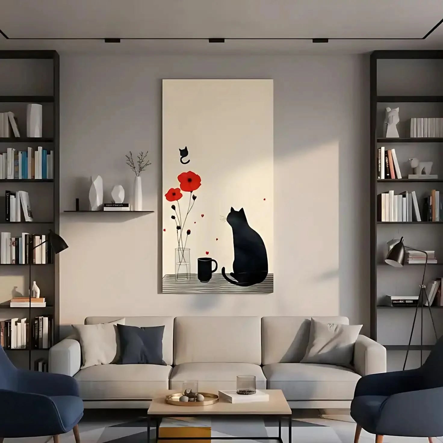 Illustration d'un chat noir observant des fleurs rouges et un autre chat volant,  idéale pour une chambre enfantine.