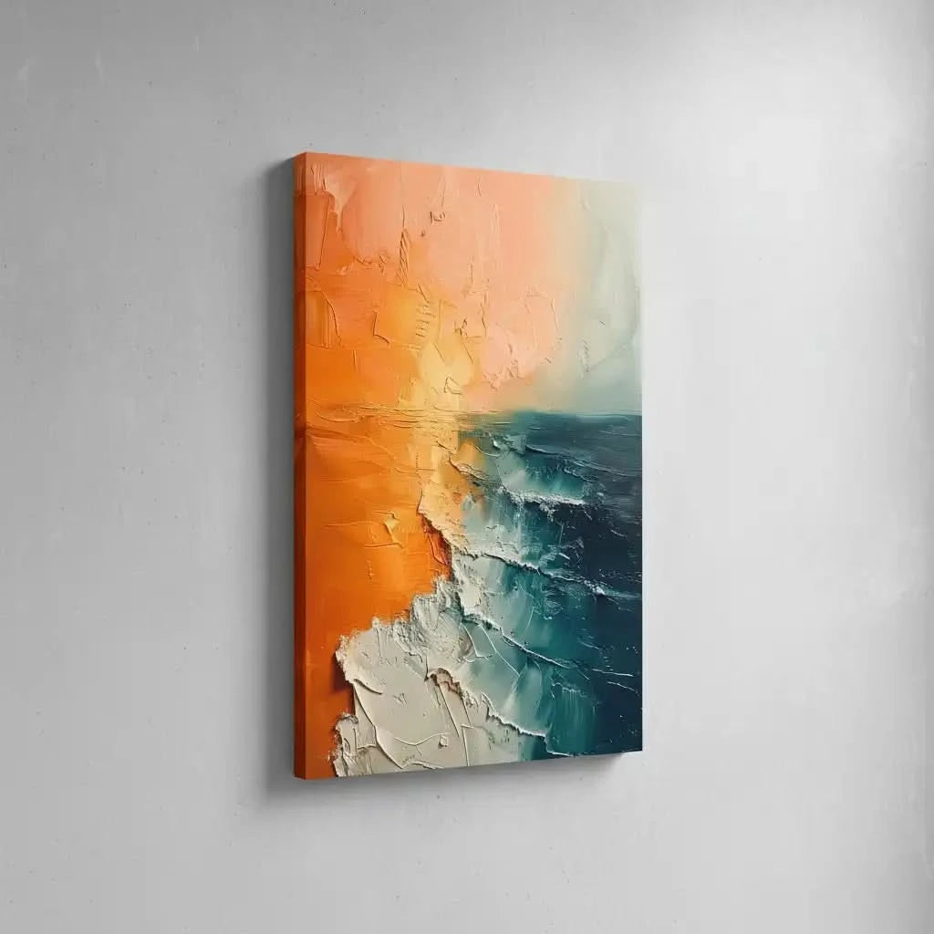 Illustration d'un lever de soleil sur l'océan avec des couleurs douces et vives, apportant sérénité et beauté naturelle à l'espace.