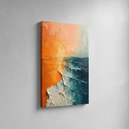 Illustration d'un lever de soleil sur l'océan avec des couleurs douces et vives, apportant sérénité et beauté naturelle à l'espace.