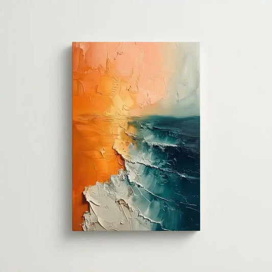 Illustration d'un lever de soleil sur l'océan avec des couleurs douces et vives, apportant sérénité et beauté naturelle à l'espace.