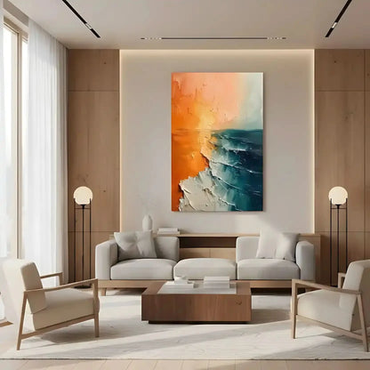 Illustration d'un lever de soleil sur l'océan avec des couleurs douces et vives, apportant sérénité et beauté naturelle à l'espace.