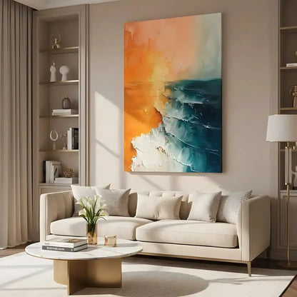 Illustration d'un lever de soleil sur l'océan avec des couleurs douces et vives, apportant sérénité et beauté naturelle à l'espace.