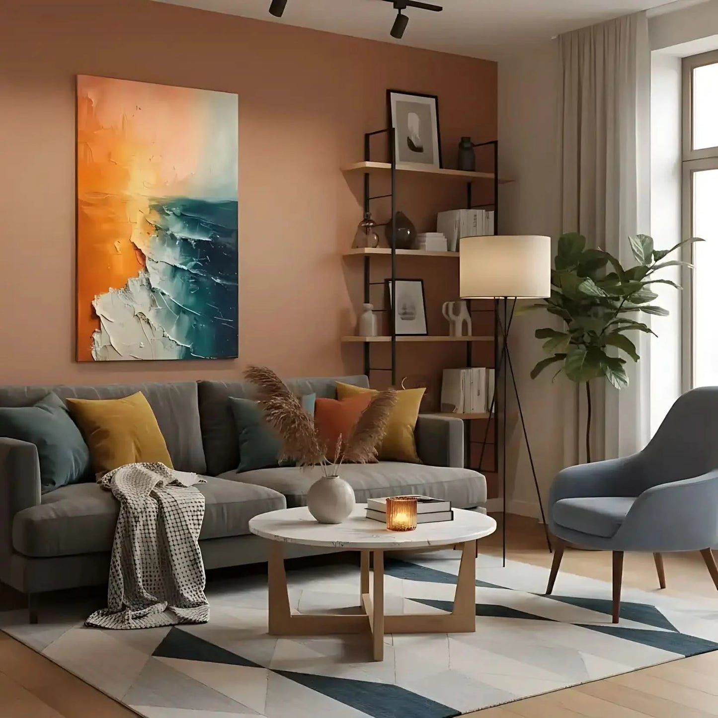 Illustration d'un lever de soleil sur l'océan avec des couleurs douces et vives, apportant sérénité et beauté naturelle à l'espace.