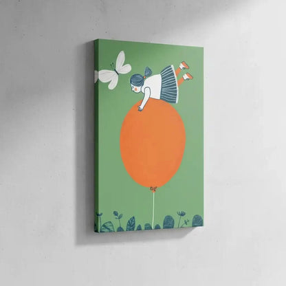 Illustration d'une fille perchée sur un ballon orange, entourée de plantes et d’un papillon. Une scène ludique et joyeuse, parfaite pour une chambre d'enfant créative.
