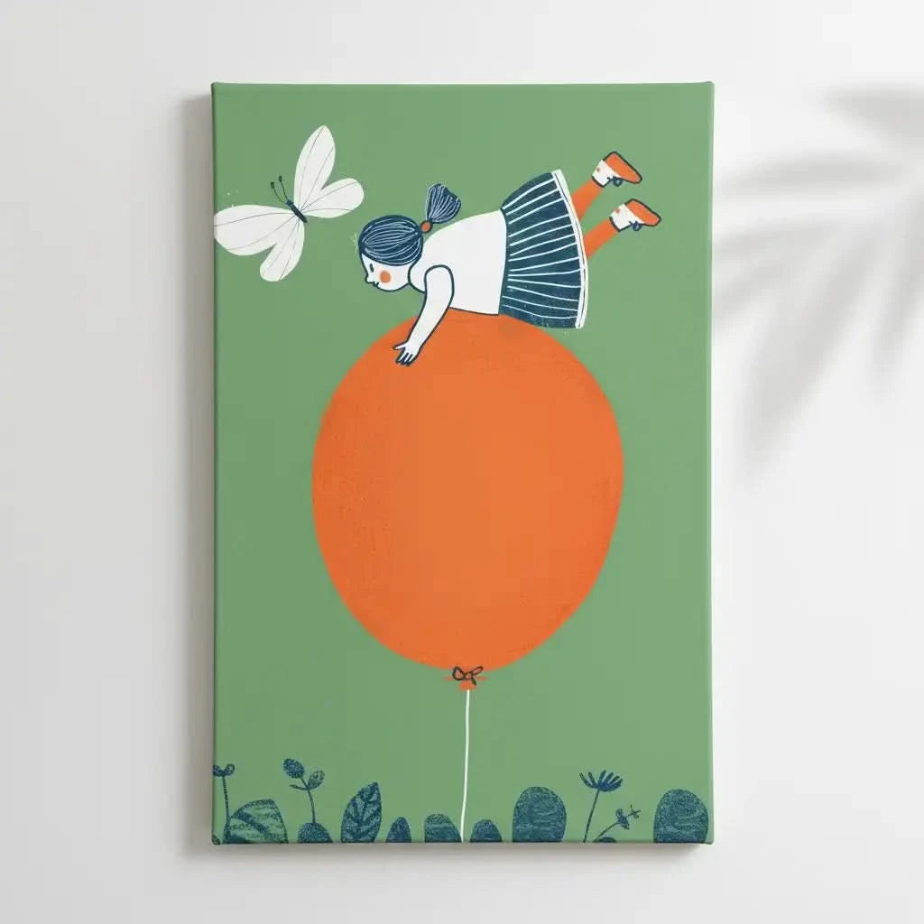 Illustration d'une fille perchée sur un ballon orange, entourée de plantes et d’un papillon. Une scène ludique et joyeuse, parfaite pour une chambre d'enfant créative.