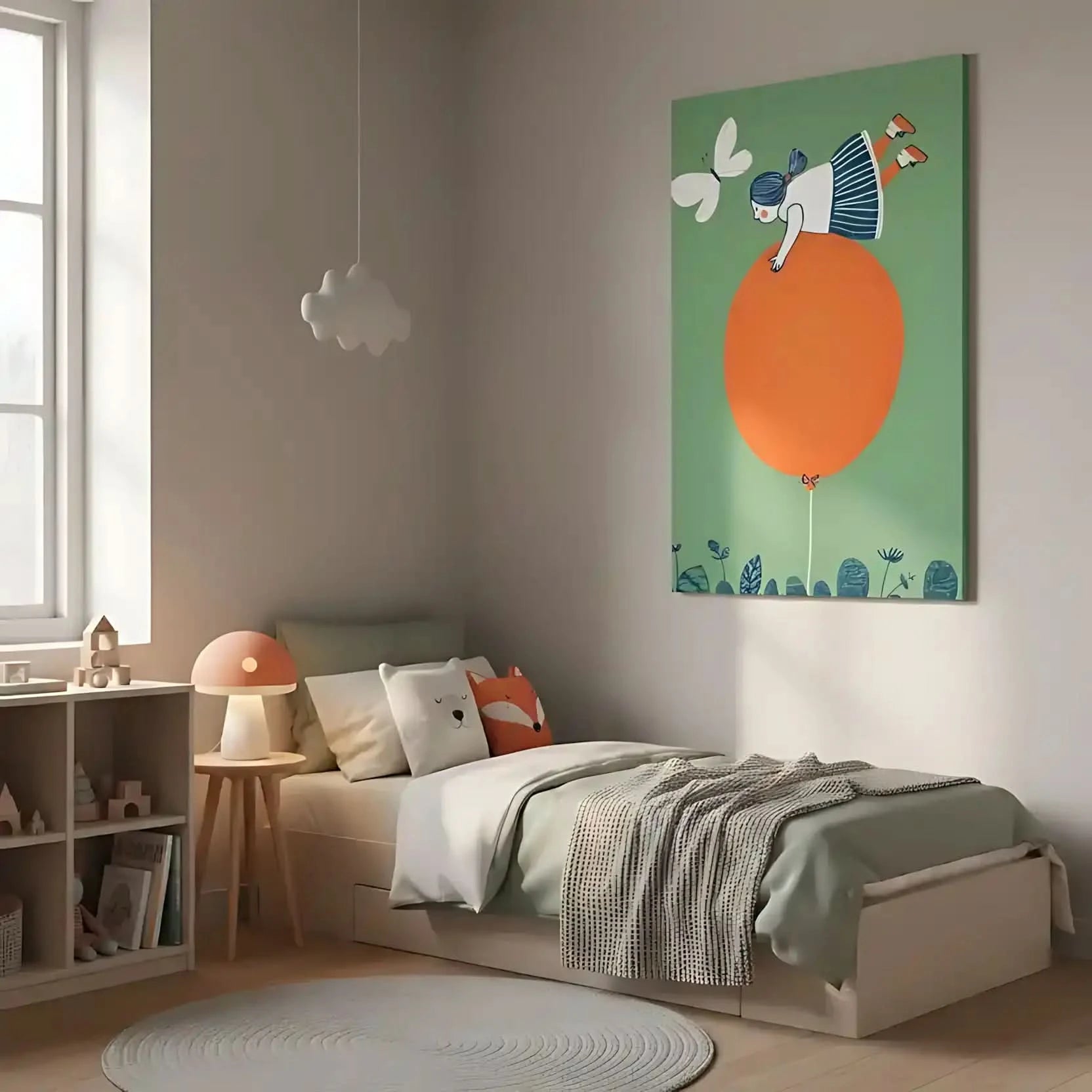Illustration d'une fille perchée sur un ballon orange, entourée de plantes et d’un papillon. Une scène ludique et joyeuse, parfaite pour une chambre d'enfant créative.