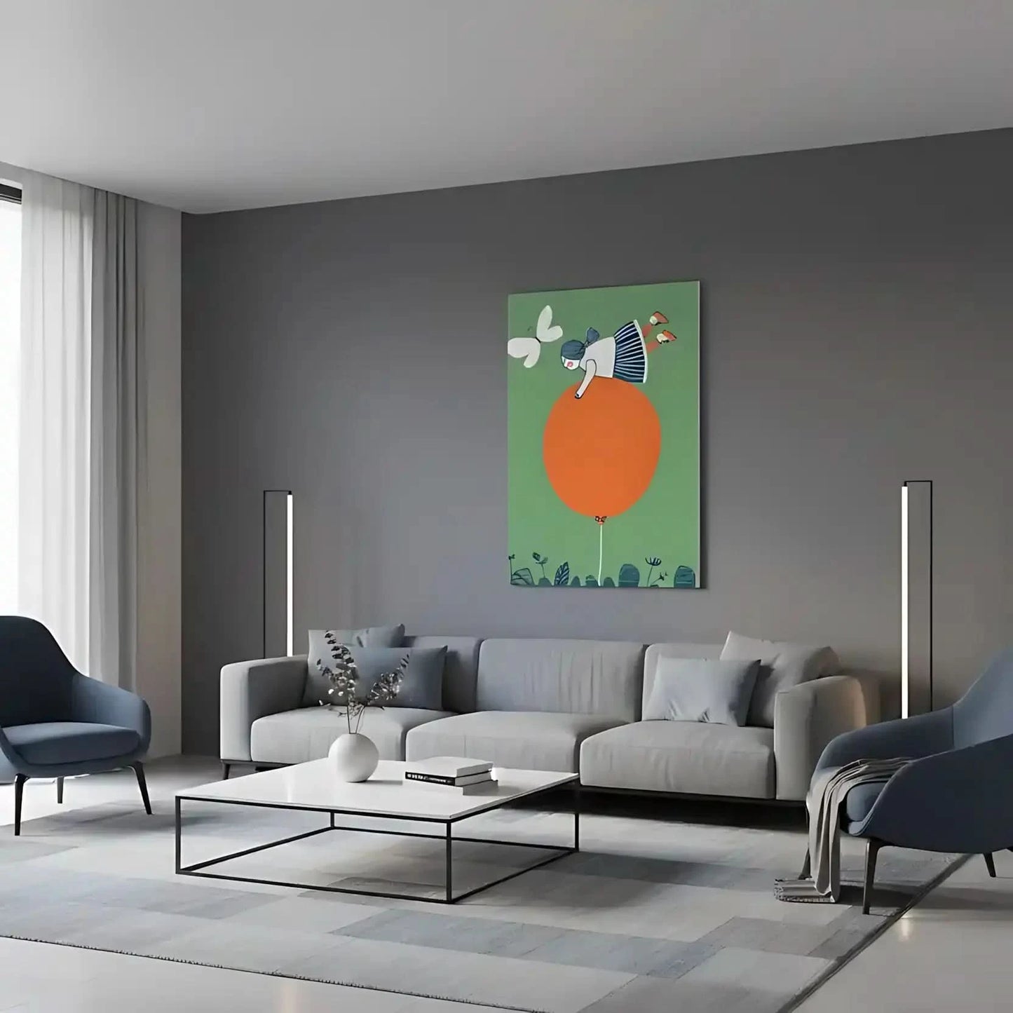 Illustration d'une fille perchée sur un ballon orange, entourée de plantes et d’un papillon. Une scène ludique et joyeuse, parfaite pour une chambre d'enfant créative.