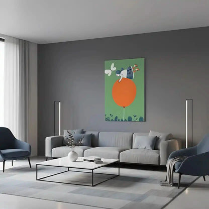 Illustration d'une fille perchée sur un ballon orange, entourée de plantes et d’un papillon. Une scène ludique et joyeuse, parfaite pour une chambre d'enfant créative.