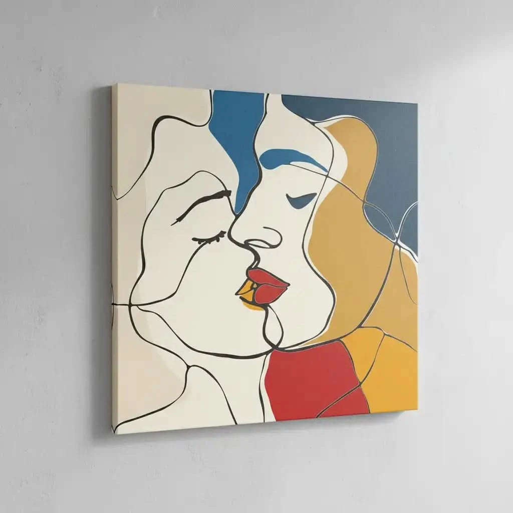 Tableau abstrait représentant deux visages, avec des lignes nettes et des couleurs vibrantes de rouge, jaune et bleu.