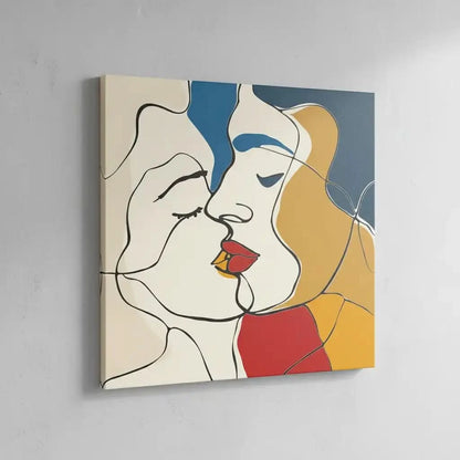 Tableau abstrait représentant deux visages, avec des lignes nettes et des couleurs vibrantes de rouge, jaune et bleu.
