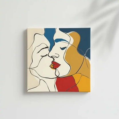 Tableau abstrait représentant deux visages, avec des lignes nettes et des couleurs vibrantes de rouge, jaune et bleu.
