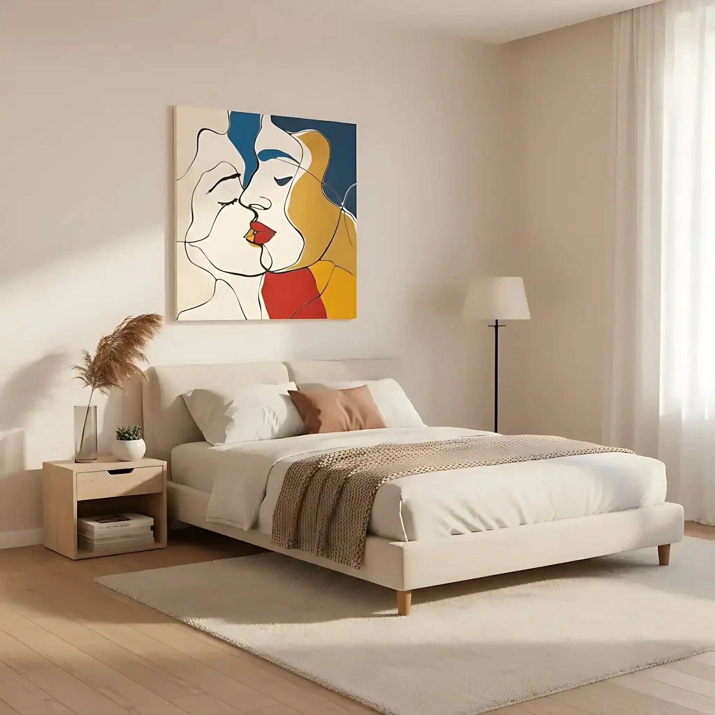 Tableau abstrait représentant deux visages, avec des lignes nettes et des couleurs vibrantes de rouge, jaune et bleu.