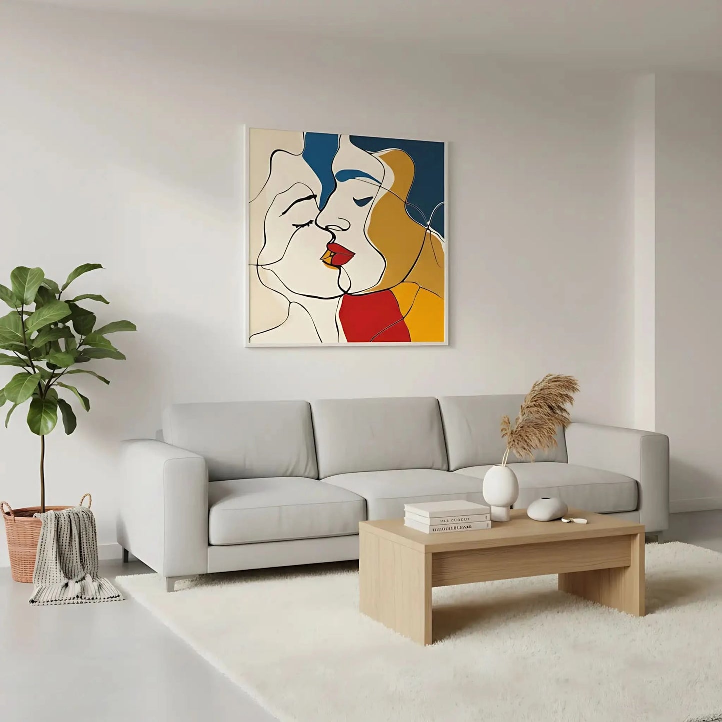 Tableau abstrait représentant deux visages, avec des lignes nettes et des couleurs vibrantes de rouge, jaune et bleu.