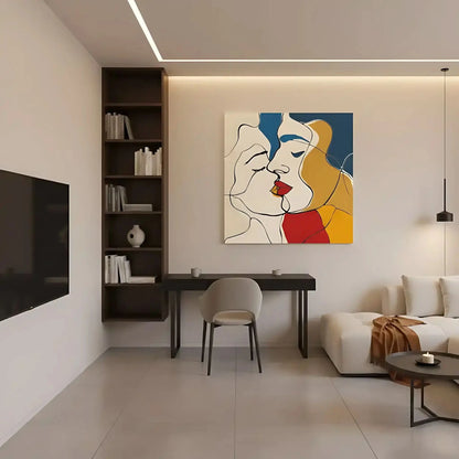 Tableau abstrait représentant deux visages, avec des lignes nettes et des couleurs vibrantes de rouge, jaune et bleu.