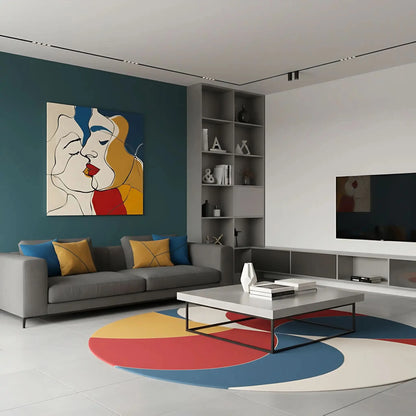 Tableau abstrait représentant deux visages, avec des lignes nettes et des couleurs vibrantes de rouge, jaune et bleu.