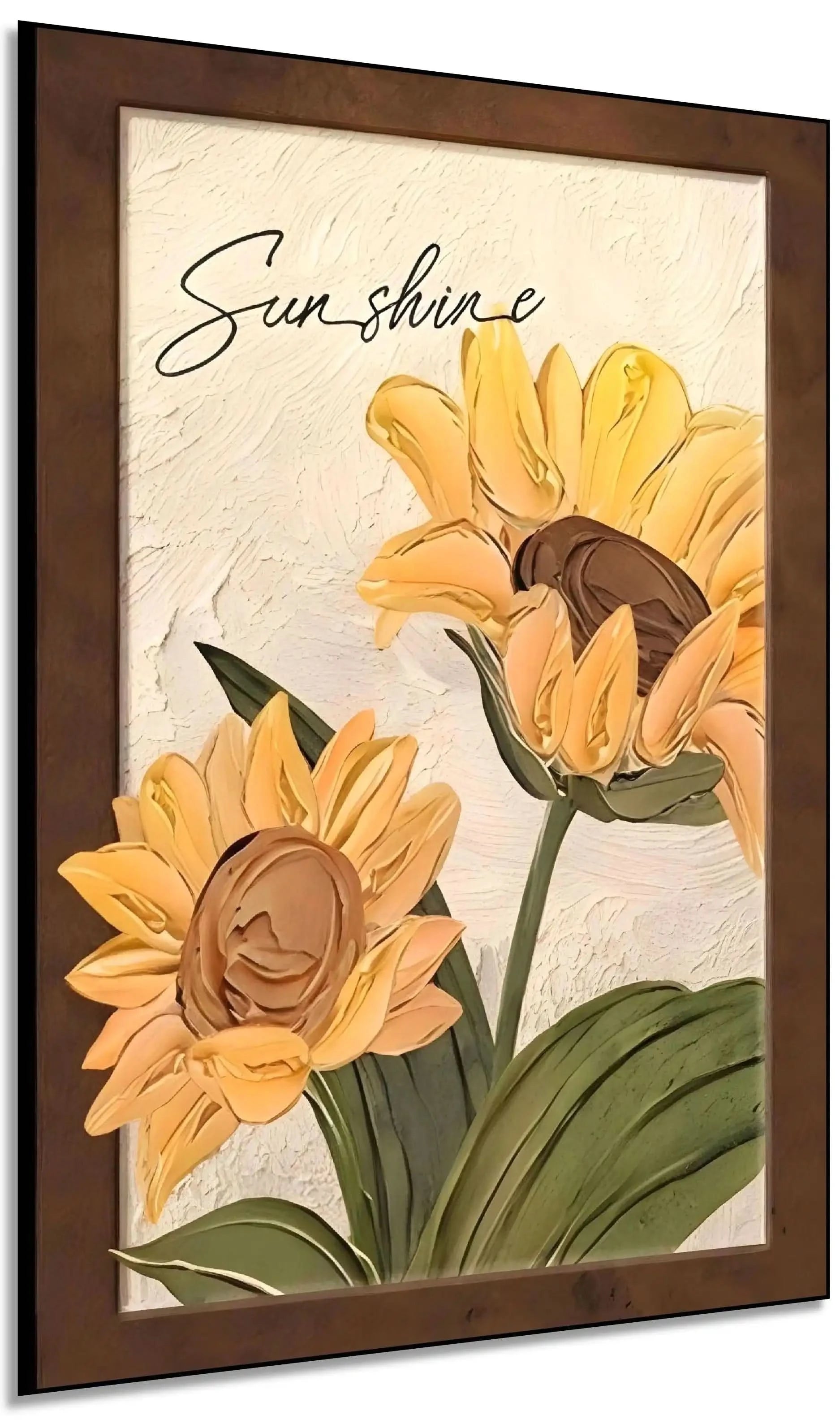 Tournesols texturés en relief avec pétales jaune éclatant et cœur brun; feuillage vert et fond beige; chaleur pour la maison.