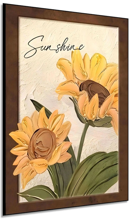 Tournesols texturés en relief avec pétales jaune éclatant et cœur brun; feuillage vert et fond beige; chaleur pour la maison.