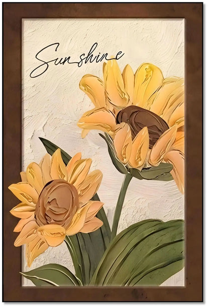 Tournesols texturés en relief avec pétales jaune éclatant et cœur brun; feuillage vert et fond beige; chaleur pour la maison.