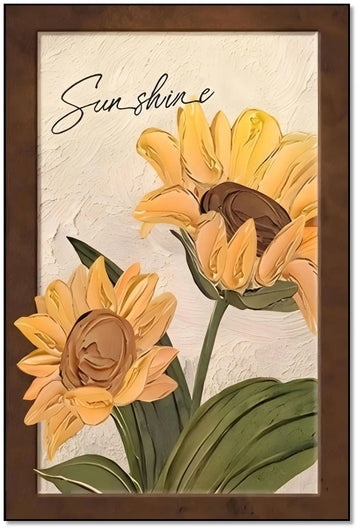 Tournesols texturés en relief avec pétales jaune éclatant et cœur brun; feuillage vert et fond beige; chaleur pour la maison.