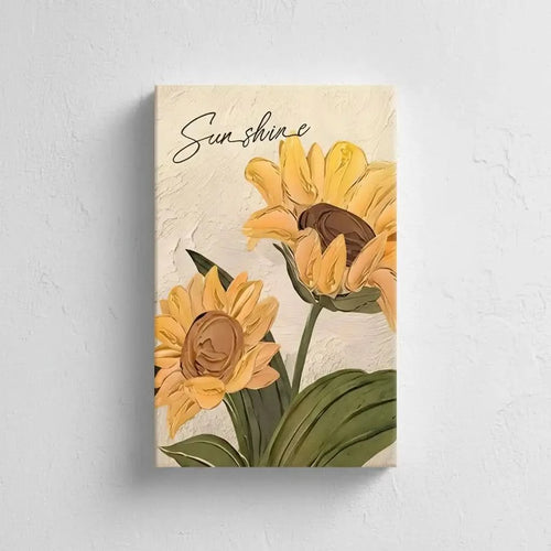 Tournesols texturés en relief avec pétales jaune éclatant et coeur brun; feuillage vert et fond beige; chaleur pour la maison.