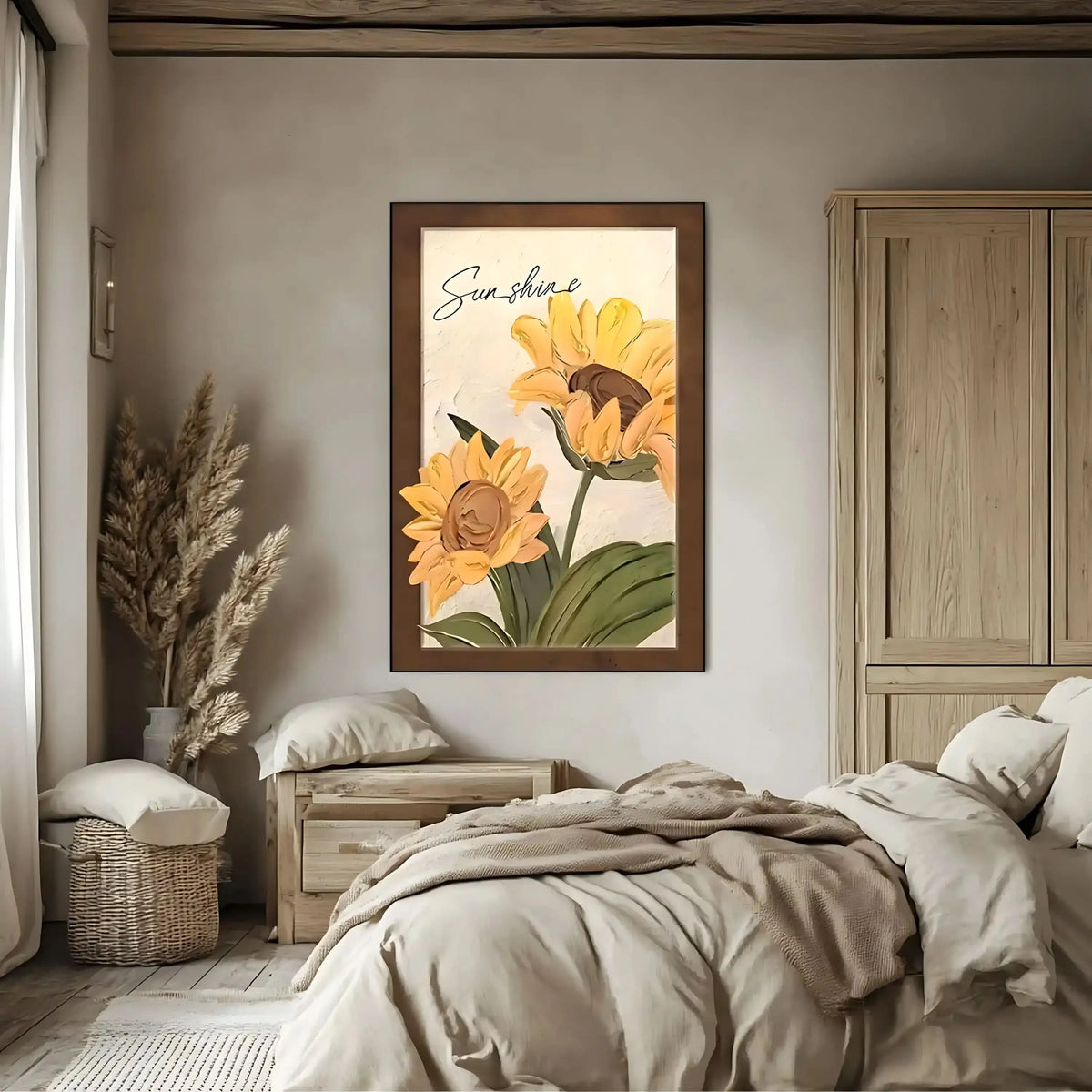 Tournesols texturés en relief avec pétales jaune éclatant et coeur brun; feuillage vert et fond beige; chaleur pour la maison.
