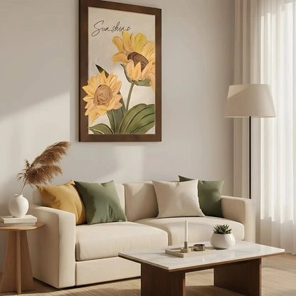 Tournesols texturés en relief avec pétales jaune éclatant et coeur brun; feuillage vert et fond beige; chaleur pour la maison.