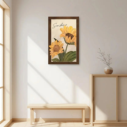 Tournesols texturés en relief avec pétales jaune éclatant et coeur brun; feuillage vert et fond beige; chaleur pour la maison.