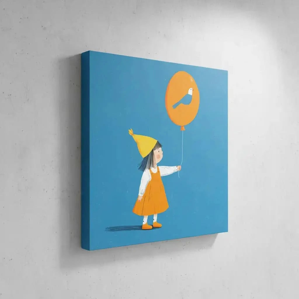Enfant avec un ballon orange décoré d'un oiseau bleu, un tableau joyeux et coloré, symbole de rêve et d'imagination.