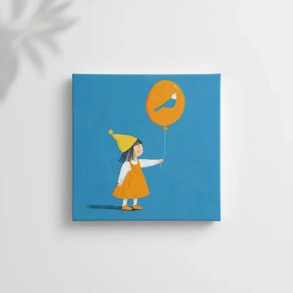 Enfant avec un ballon orange décoré d'un oiseau bleu, un tableau joyeux et coloré, symbole de rêve et d'imagination.