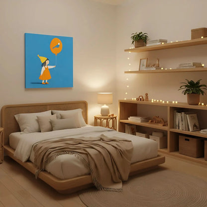 Enfant avec un ballon orange décoré d'un oiseau bleu, un tableau joyeux et coloré, symbole de rêve et d'imagination.