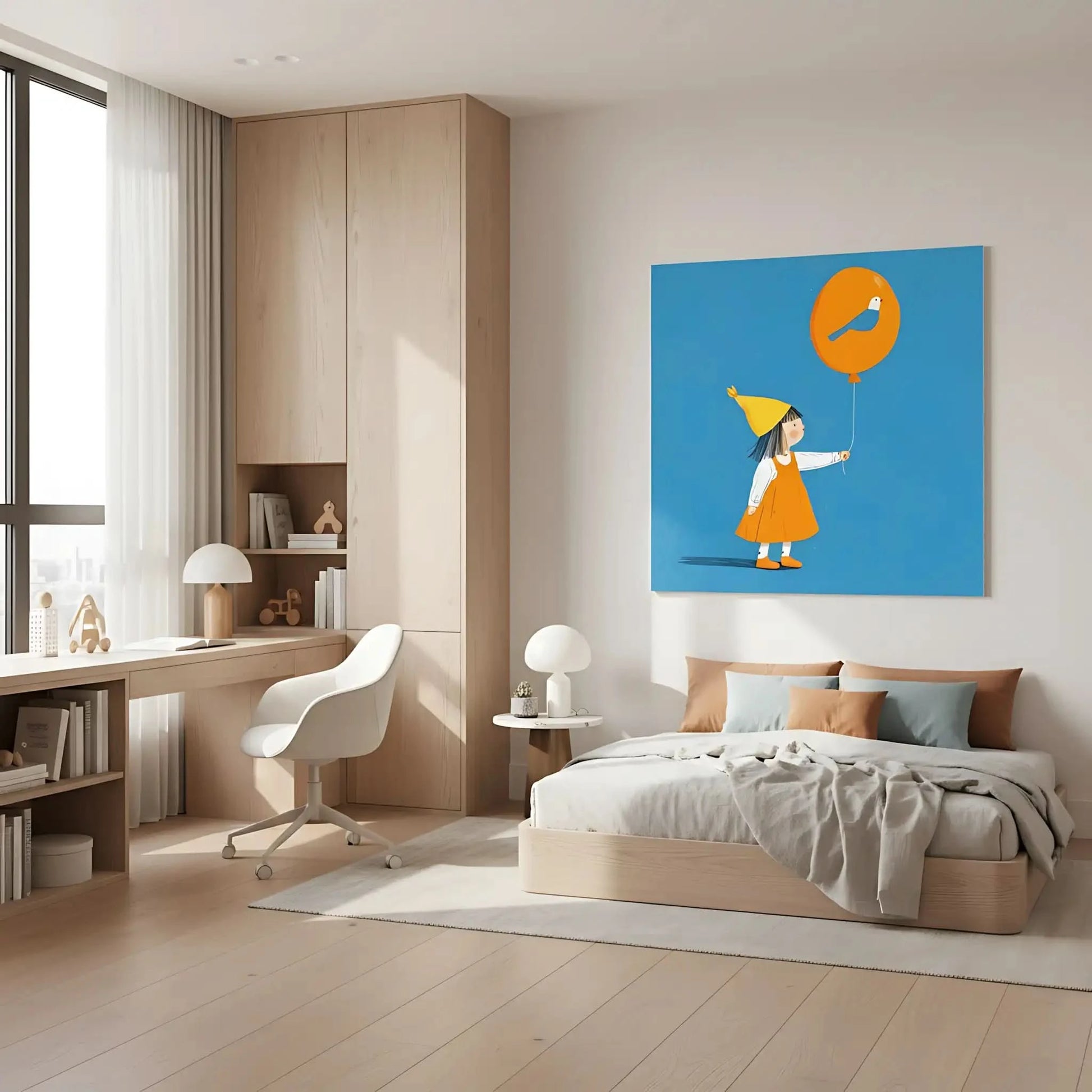 Enfant avec un ballon orange décoré d'un oiseau bleu, un tableau joyeux et coloré, symbole de rêve et d'imagination.