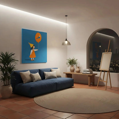 Enfant avec un ballon orange décoré d'un oiseau bleu, un tableau joyeux et coloré, symbole de rêve et d'imagination.