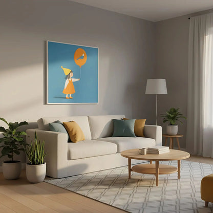 Enfant avec un ballon orange décoré d'un oiseau bleu, un tableau joyeux et coloré, symbole de rêve et d'imagination.