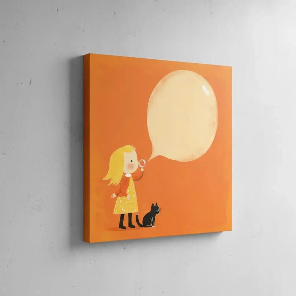 Illustration joyeuse de petite fille soufflant une bulle de savon, accompagnée d'un chat noir, idéale pour une chambre d'enfant.