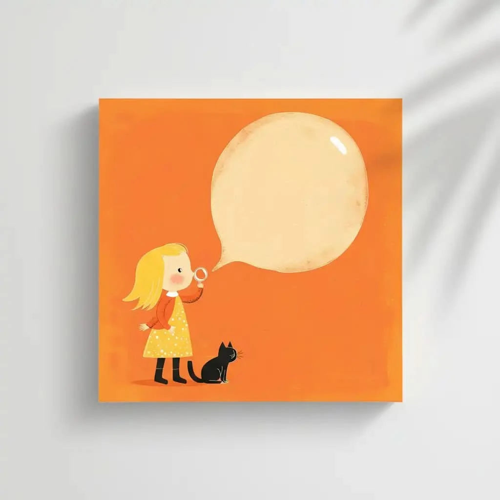 Illustration joyeuse de petite fille soufflant une bulle de savon, accompagnée d'un chat noir, idéale pour une chambre d'enfant.