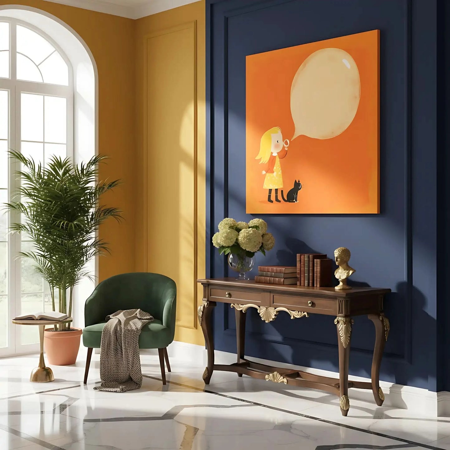 Illustration joyeuse de petite fille soufflant une bulle de savon, accompagnée d'un chat noir, idéale pour une chambre d'enfant.