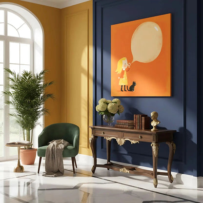 Illustration joyeuse de petite fille soufflant une bulle de savon, accompagnée d'un chat noir, idéale pour une chambre d'enfant.