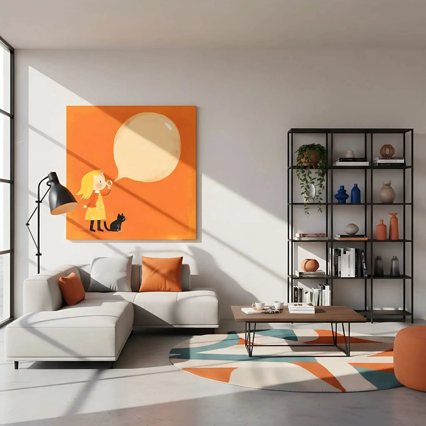 Illustration joyeuse de petite fille soufflant une bulle de savon, accompagnée d'un chat noir, idéale pour une chambre d'enfant.